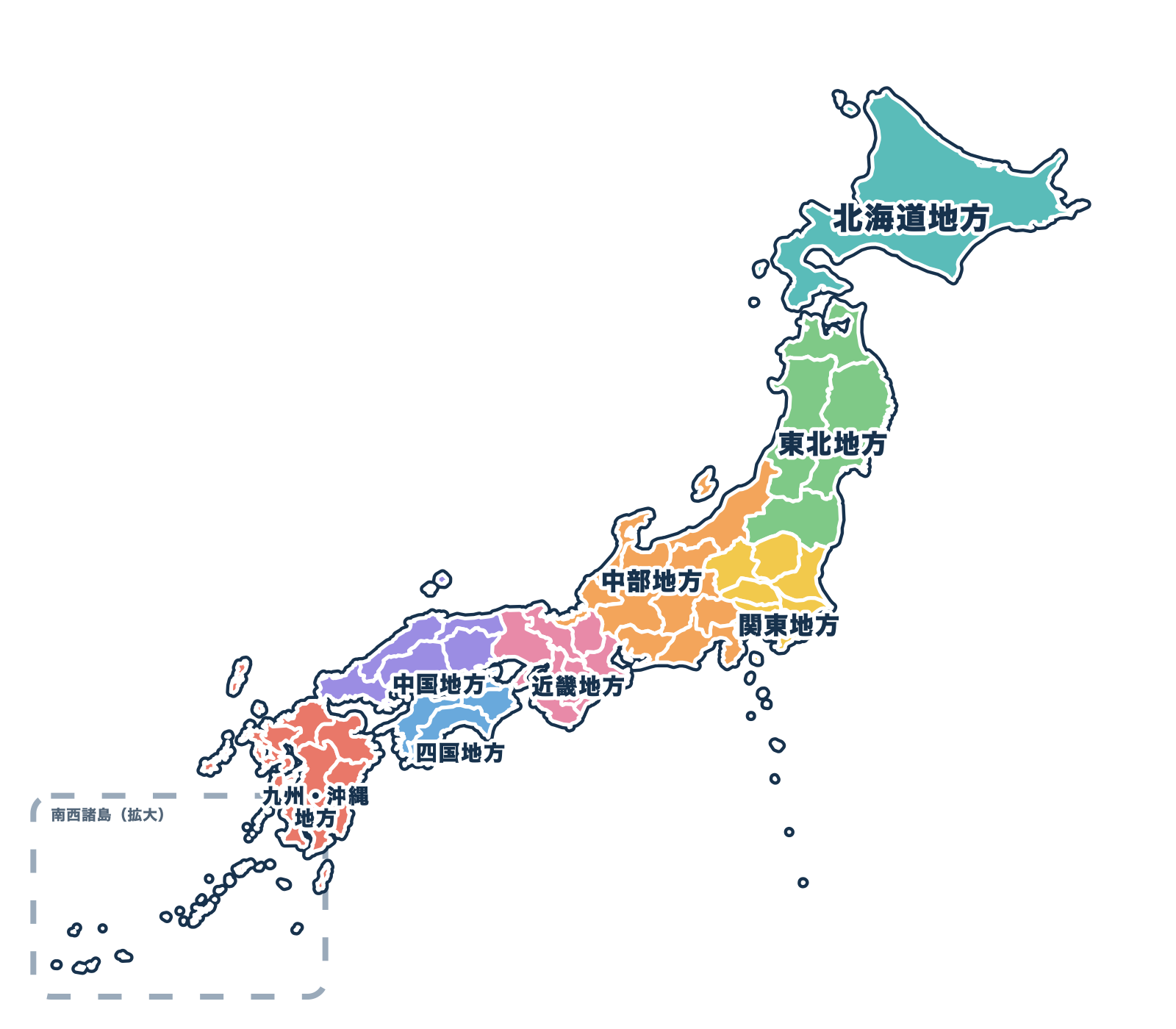 日本を8地方に色分けした地図